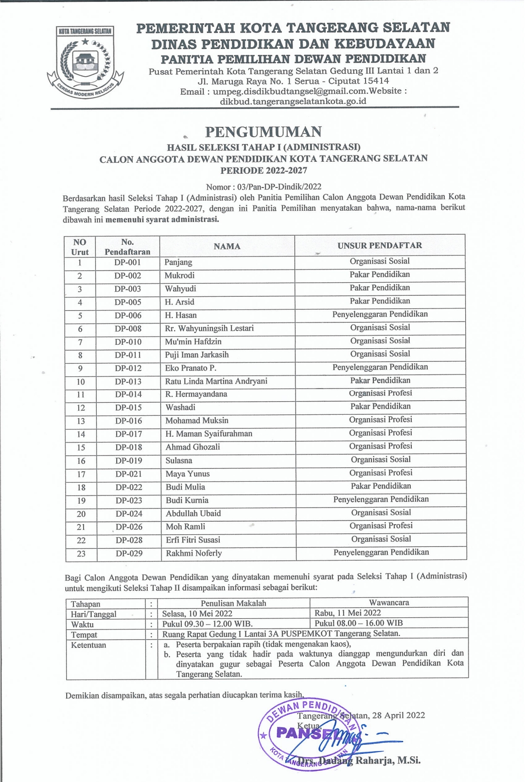 Pengumuman Hasil Seleksi Tahap 1 Calon Dewan Pendidikan